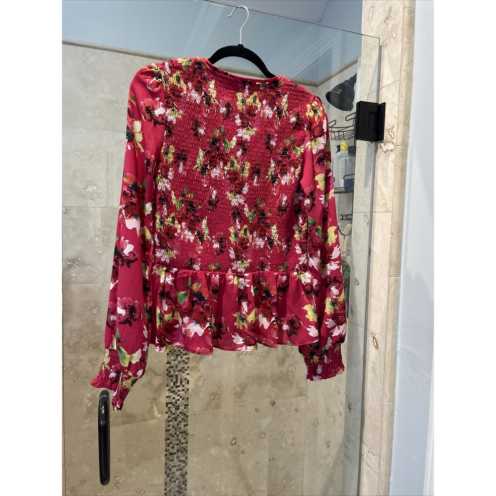Carolina Belle Pink Floral Peplum Smocked Long Sleeve Blouse V-Neck Medium